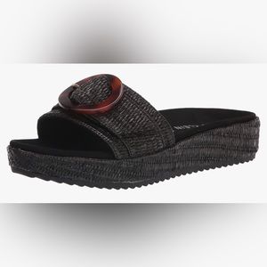 Anne Klein Versa Platform Sandal - Black Raffia, Tortoise Buckle - SZ 8.5